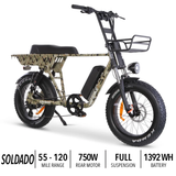 Overall Bike: "GoBike SOLDADO lightweight 750W dual-passenger electric bike with aluminum frame and straight bar design for strength and stability.