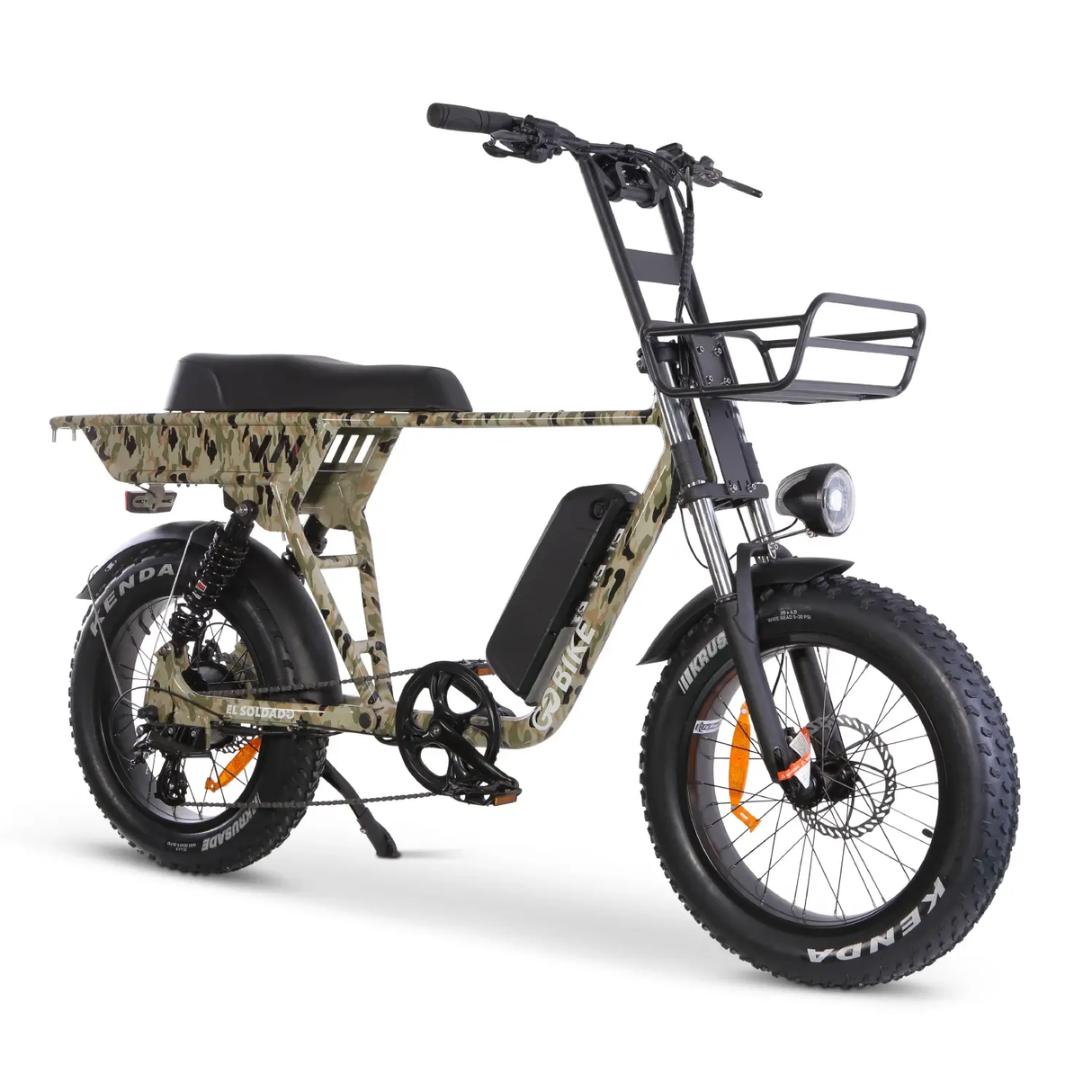 Dual-passenger seat on the GoBike SOLDADO electric bike, designed for carrying two adults comfortably.