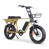 Suspension and Comfort: "Front suspension on the GoBike SOLDADO electric bike, enhancing comfort and handling on rough terrain."