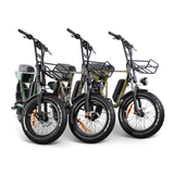 Three GoBike SOLDADO 750W dual-passenger electric bikes displayed side by side in different colors, showcasing options for customization and style."