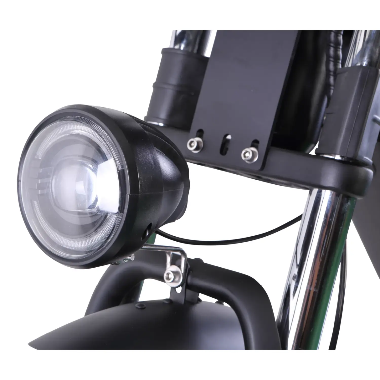 Lights: "Bright headlight and tail light on GoBike SOLDADO electric bike for improved visibility and safety during night rides.