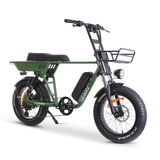 Side view of the GoBike SOLDADO 750W dual-passenger electric bike, highlighting the straight-bar aluminum frame, dual-passenger seat, pedal setup, battery placement, and rear cargo rack.