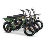 Three GoBike SOLDADO 750W dual-passenger electric bikes displayed side by side in different colors, showcasing options for customization and style."