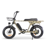 Side view of the GoBike SOLDADO 750W dual-passenger electric bike, highlighting the straight-bar aluminum frame, dual-passenger seat, pedal setup, battery placement, and rear cargo rack