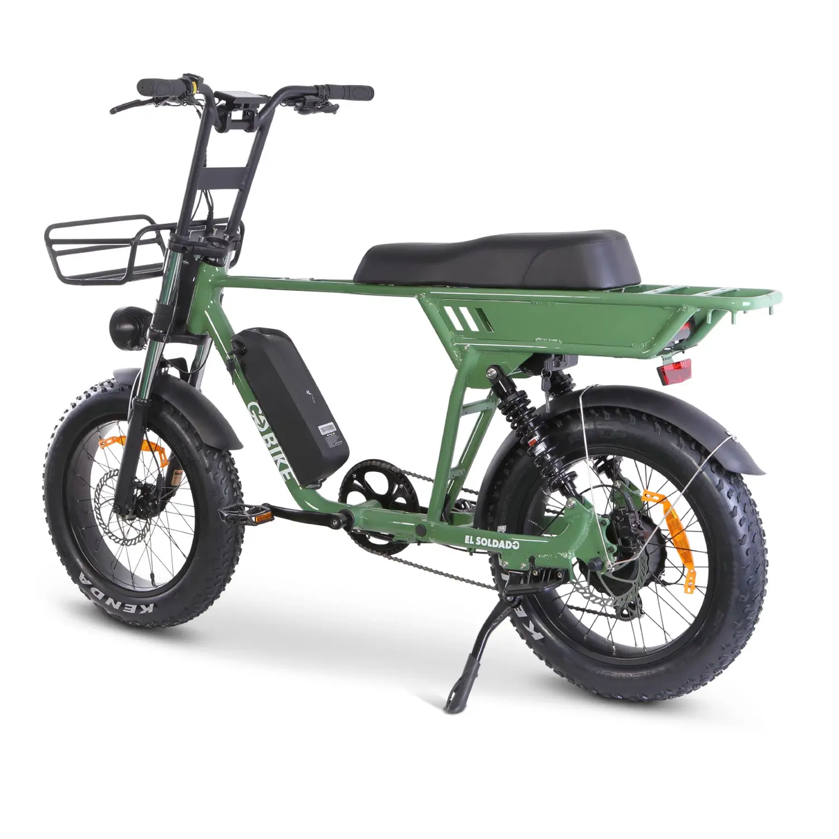 "Three GoBike SOLDADO 750W dual-passenger electric bikes in different colors, displayed from front, side, and rear views to showcase details like the headlight, straight-bar aluminum frame, dual-passenger seat, rear cargo rack, and taillight.