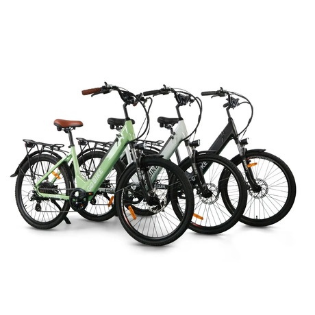 Bikes in Different Colors: A display of three GoBike SOLEIL Electric City Bikes in vibrant colors—cool mint, white, and black—showcasing their stylish design and features. Each bike is positioned to highlight its sleek frame and polished finish, emphasizing the variety of options available for riders.