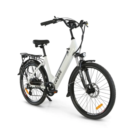 Bike Overview: A sleek GoBike SOLEIL Electric City Bike parked against a scenic urban backdrop, showcasing its lightweight design and polished aluminum frame.