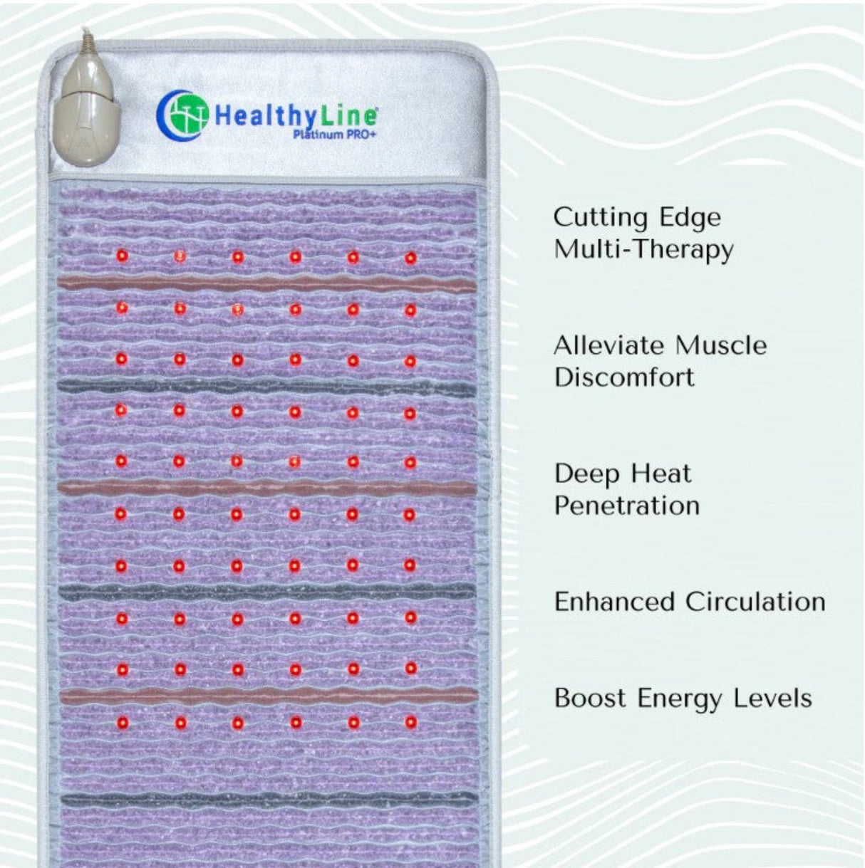 Visual representation of therapy features, including PEMF technology, photon lights, and far-infrared heat integration