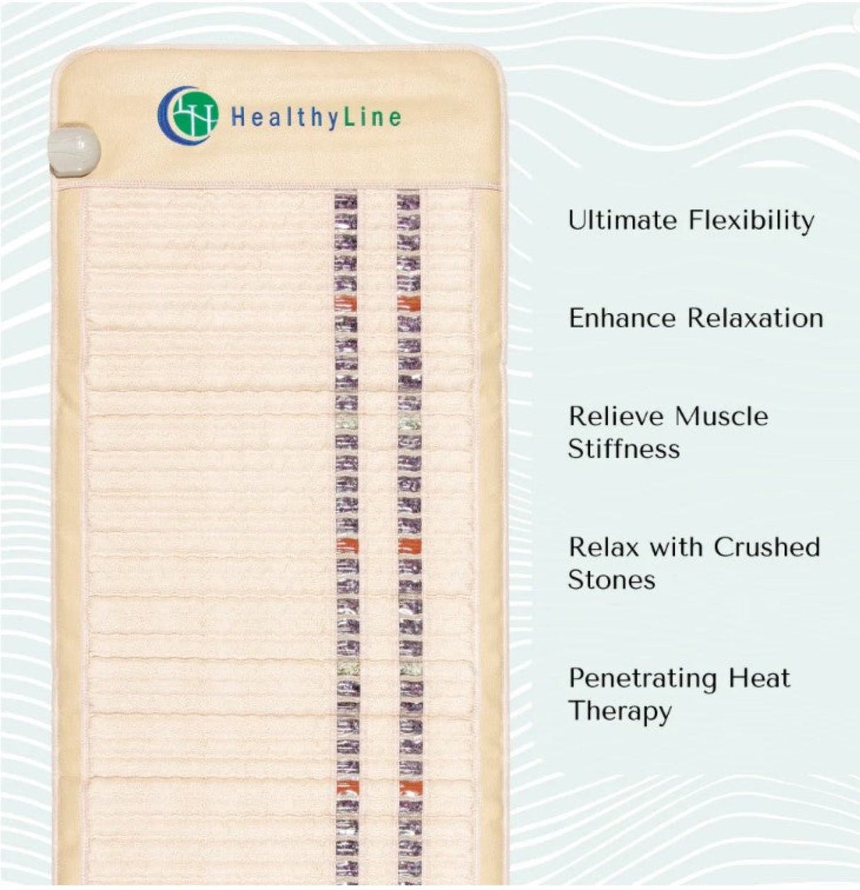 Visual representation of therapy features, including PEMF technology, photon lights, and far-infrared heat integration, flexibility, heat therapy etc