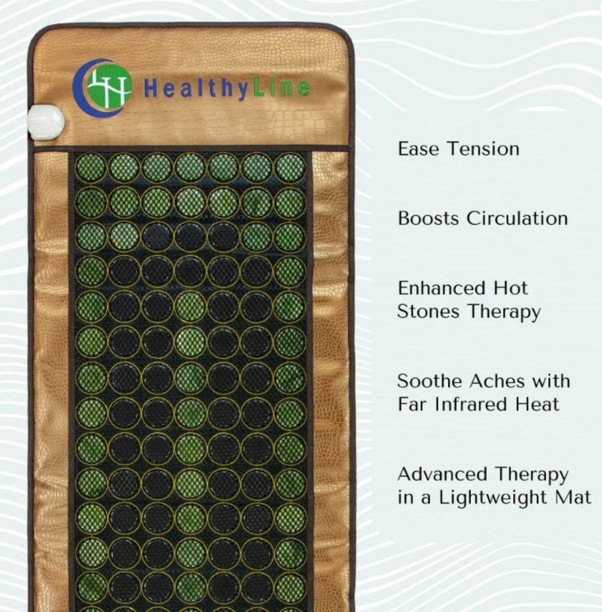 Diagram of features for the HealthyLine Mesh JT Mat Full 7224 Soft InfraMat Pro® including jade, tourmaline, and far infrared heat