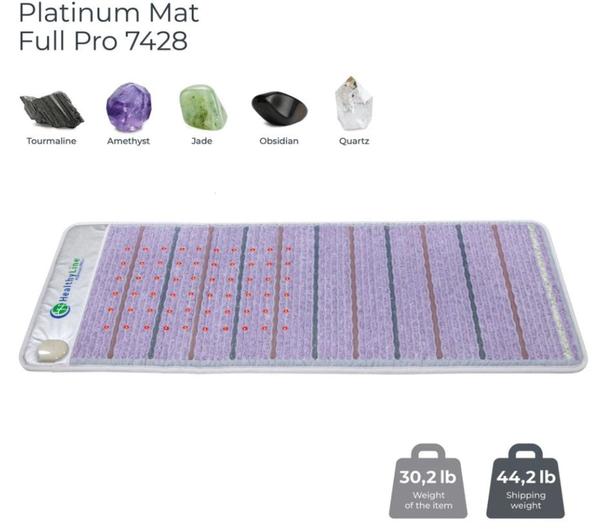 Close-up view of the gemstone composition in the HealthyLine Platinum Mat™, showcasing amethyst, tourmaline, and jade."