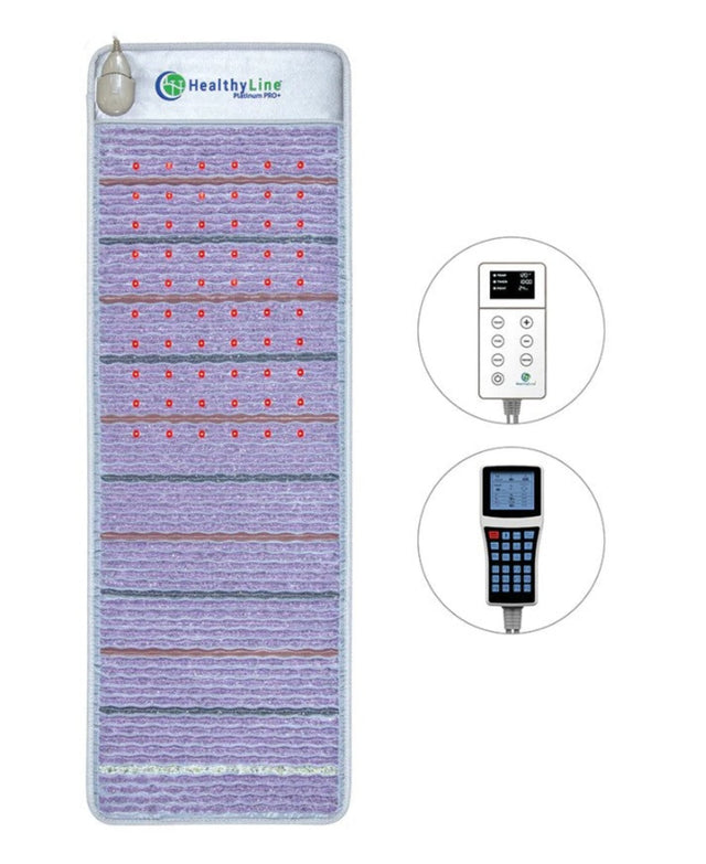 A clear front view of the Healthy Line Platinum PEMF Mat™ 7224, showcasing its elegant design, integrated gemstones, and control interface, highlighting its advanced therapeutic features.