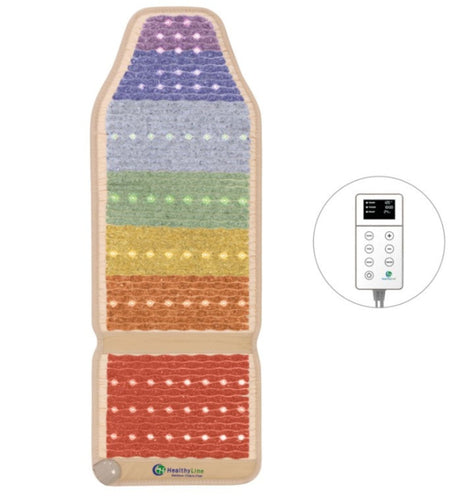 Front view of the HealthyLine Rainbow Chakra Mat™ Chair 5318 Firm | Photon PEMF InfraMat Pro®, displaying its smooth gemstone surface and the attached controller for adjusting settings.