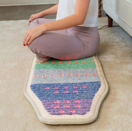 Close-up view of the 7 gemstones embedded in the Rainbow Chakra Mat™ Chair 5318, including Amethyst, Sodalite, Blue Lace Agate, Green Aventurine, Yellow Aventurine, Carnelian, and Red Jasper