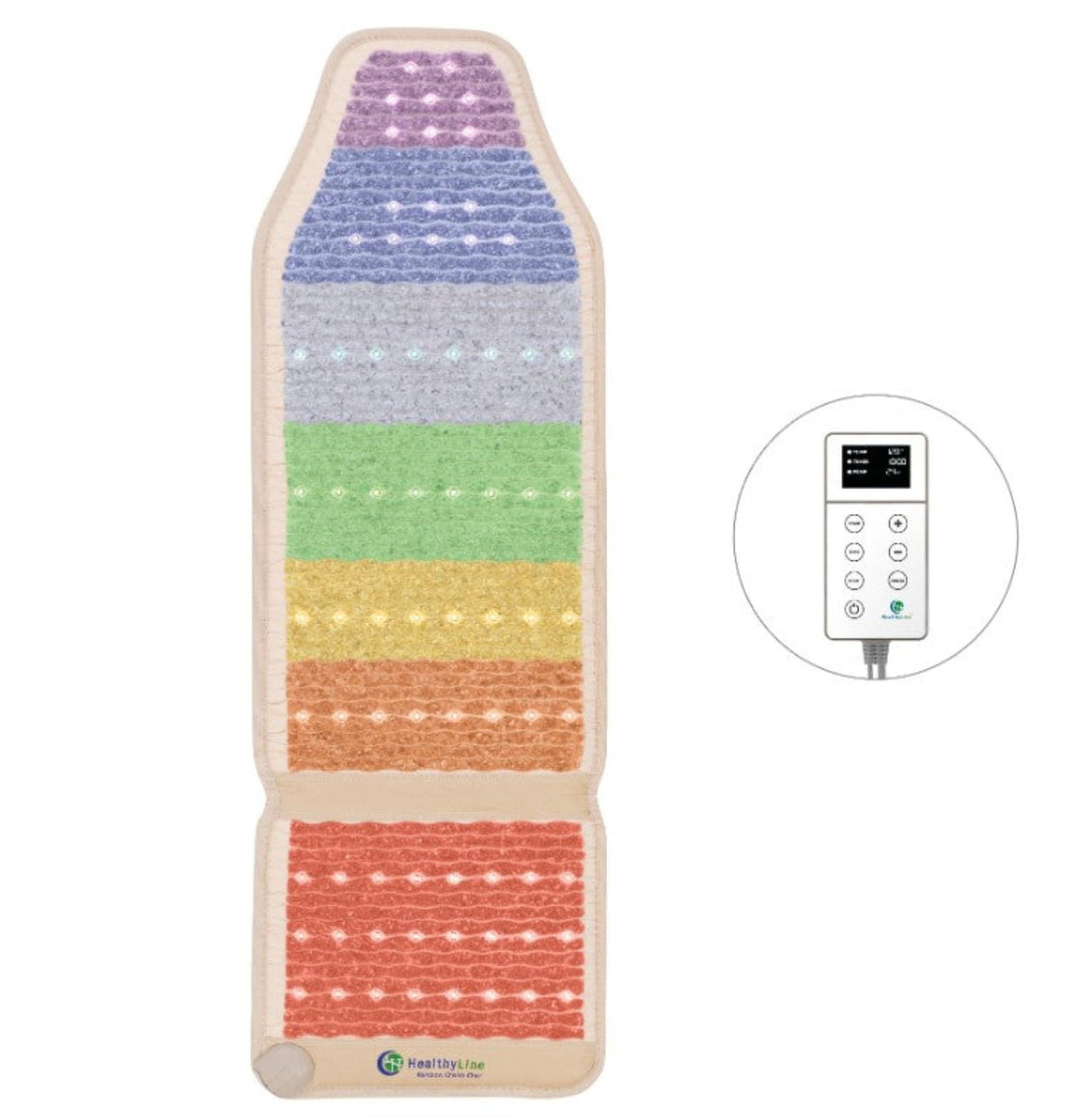 PEMF Control Panel: "Control panel of the Rainbow Chakra Mat™ Chair 5718, featuring settings for adjusting PEMF intensity and other therapy option