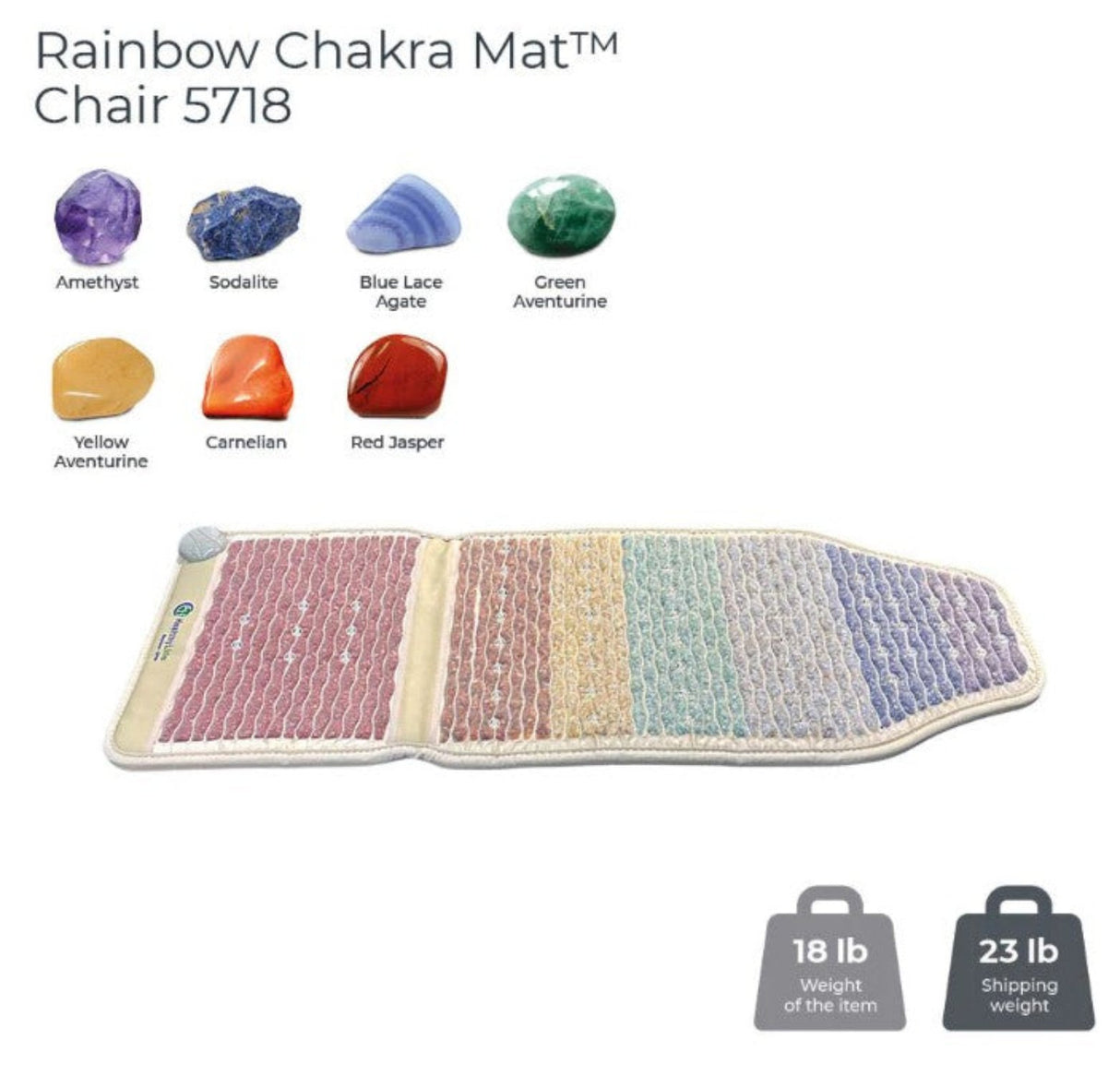 Close-up view of the seven gemstones embedded in the Rainbow Chakra Mat™ Chair 5718, including Amethyst, Sodalite, Blue Lace Agate, Green Aventurine, Yellow Aventurine, Carnelian, and Red Jasper.