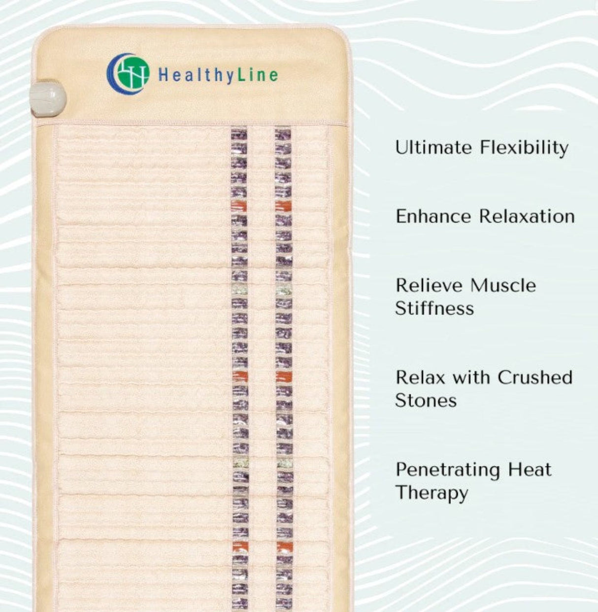 Image of the features included with the HealthyLine SOFT-Mat™, such as being flexible, for relaxation and etc