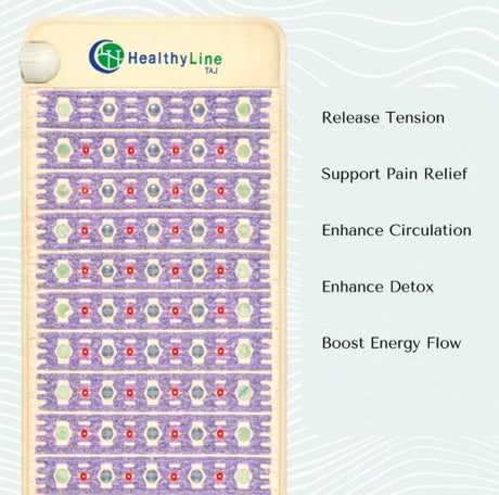 "The Healthy Line TAJ-Mat™ 3220 features pulsed electromagnetic field (PEMF) therapy, photon light therapy with multiple wavelengths, a combination of tourmaline, amethyst, and jade gemstones, deep penetrating far infrared heat, and calming negative ion therapy, all within a lightweight and portable design for convenient use at home or on the go."