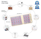 An image displaying the list of key features for the TAJ-Mat™ Chair 4018, highlighting its benefits such as the inclusion of tourmaline, amethyst, jade gemstones, PEMF system, Photon LED lights, and ergonomic design for use in various chair types.