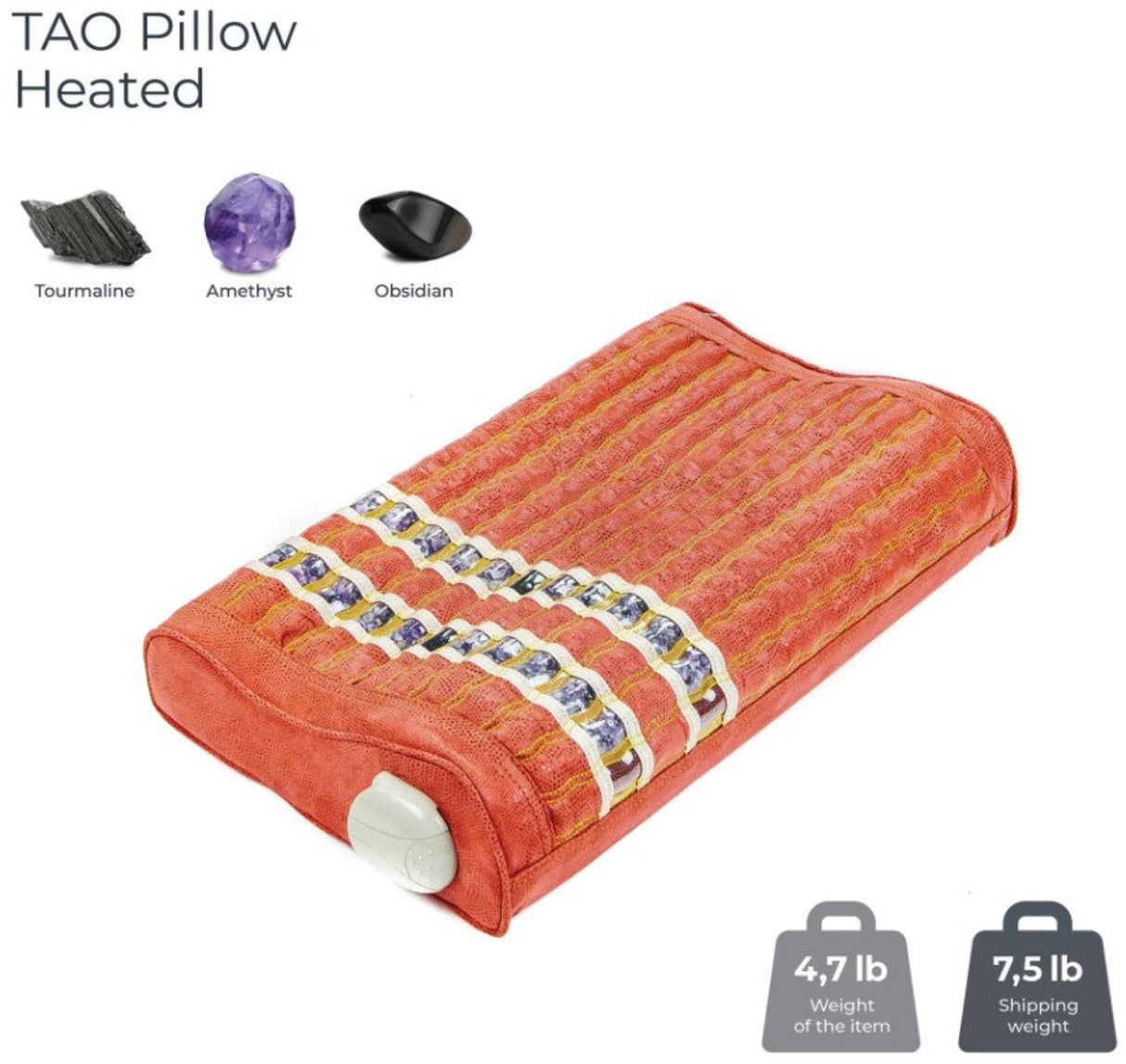 Memory foam pillow with amethyst, tourmaline, obsidian, and jade stones for sleep comfort.