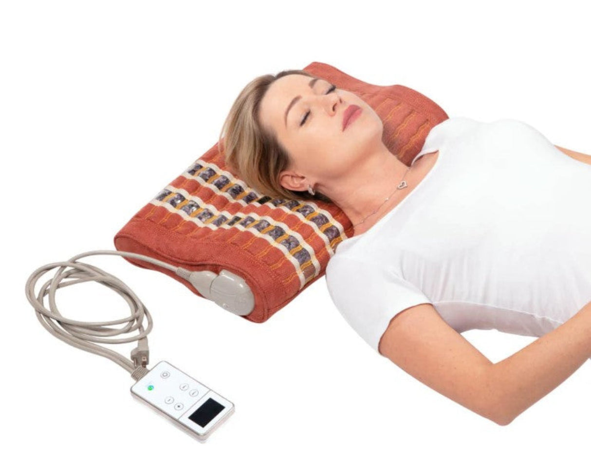 HealthyLine TAO-Mat® Pillow Soft providing heated support to neck and shoulders.