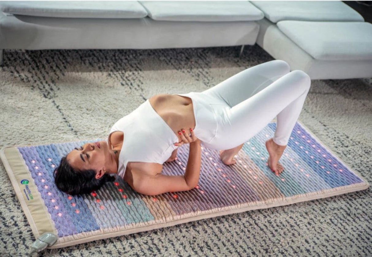  A person using the mat in a home setting, promoting wellness and self-care