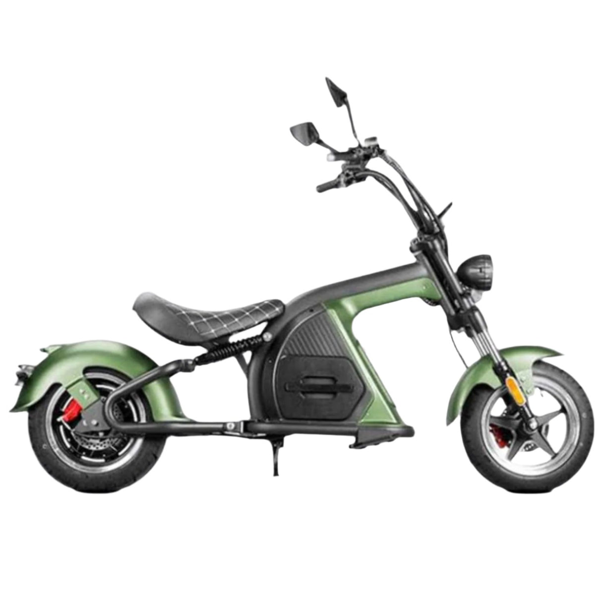 Side view of Linkseride M8 Electric Harley-style scooter with cushioned seat and sleek body