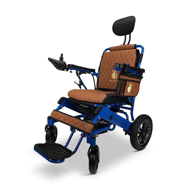 MAJESTIC IQ-8000 Remote Controlled Lightweight Electric Wheelchair Blue Metallic Frame Luxurious Quilted Brown Padding