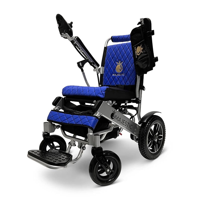 MAJESTIC IQ-8000 Remote Controlled Lightweight Electric Wheelchair Blue Quilted Side Angle Silver Frame