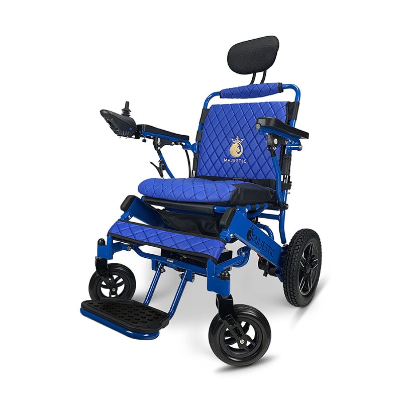 MAJESTIC IQ-8000 Remote Controlled Lightweight Electric Wheelchair Bold Blue Metallic Frame Diamond Stitched Seat Cover