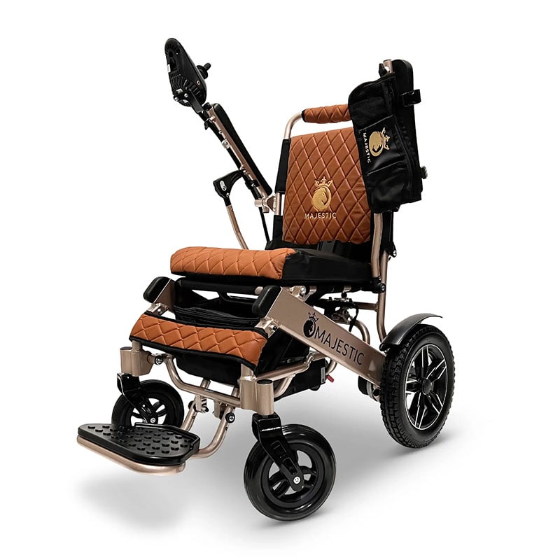 MAJESTIC IQ-8000 Remote Controlled Lightweight Electric Wheelchair Brown Quilted Side Angle Silver Frame