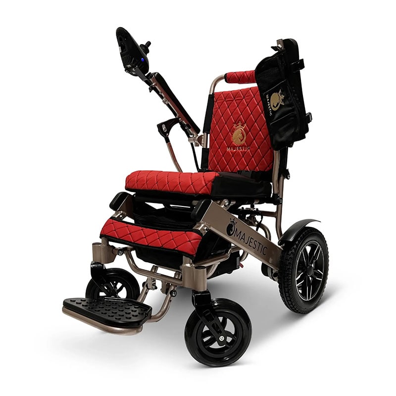 MAJESTIC IQ-8000 Remote Controlled Lightweight Electric Wheelchair Joystick-Controlled Red Quilted Bronze Frame