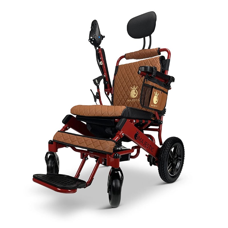 MAJESTIC IQ-8000 Remote Controlled Lightweight Electric Wheelchair Joystick-Controlled Red Side-Angle Frame