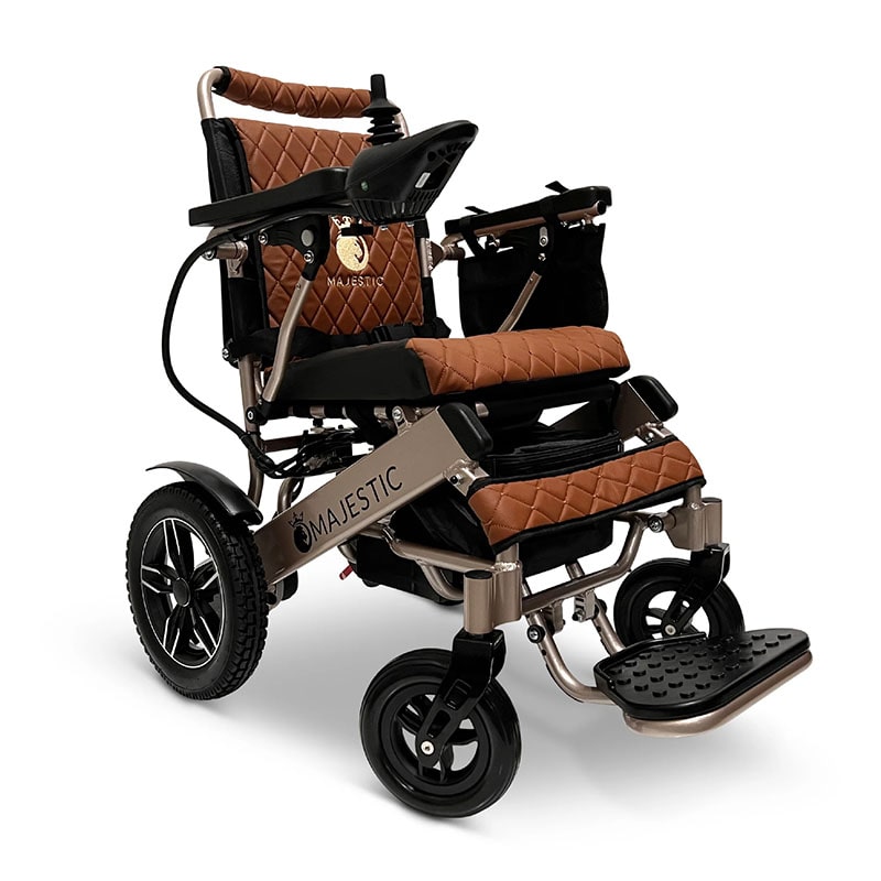 MAJESTIC IQ-8000 Remote Controlled Lightweight Electric Wheelchair Metallic Bronze Frame Quilted Brown Padding