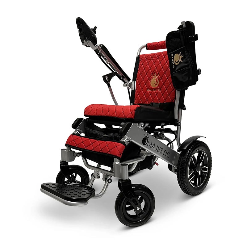 MAJESTIC IQ-8000 Remote Controlled Lightweight Electric Wheelchair Red Quilted Side Angle Silver Frame