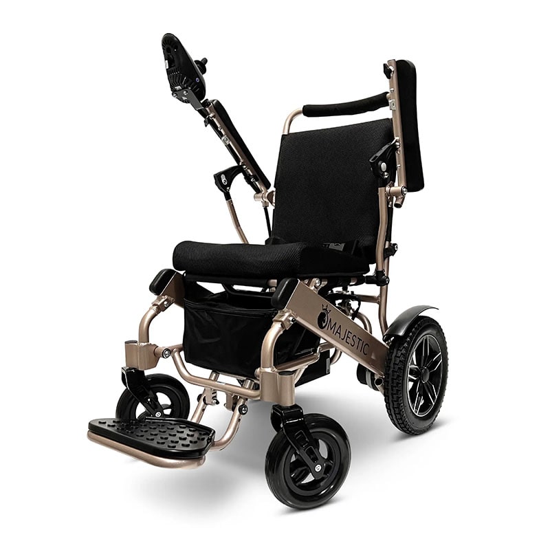 MAJESTIC IQ-8000 Remote Controlled Lightweight Electric Wheelchair Side-Angle Black Padding Bronze Frame