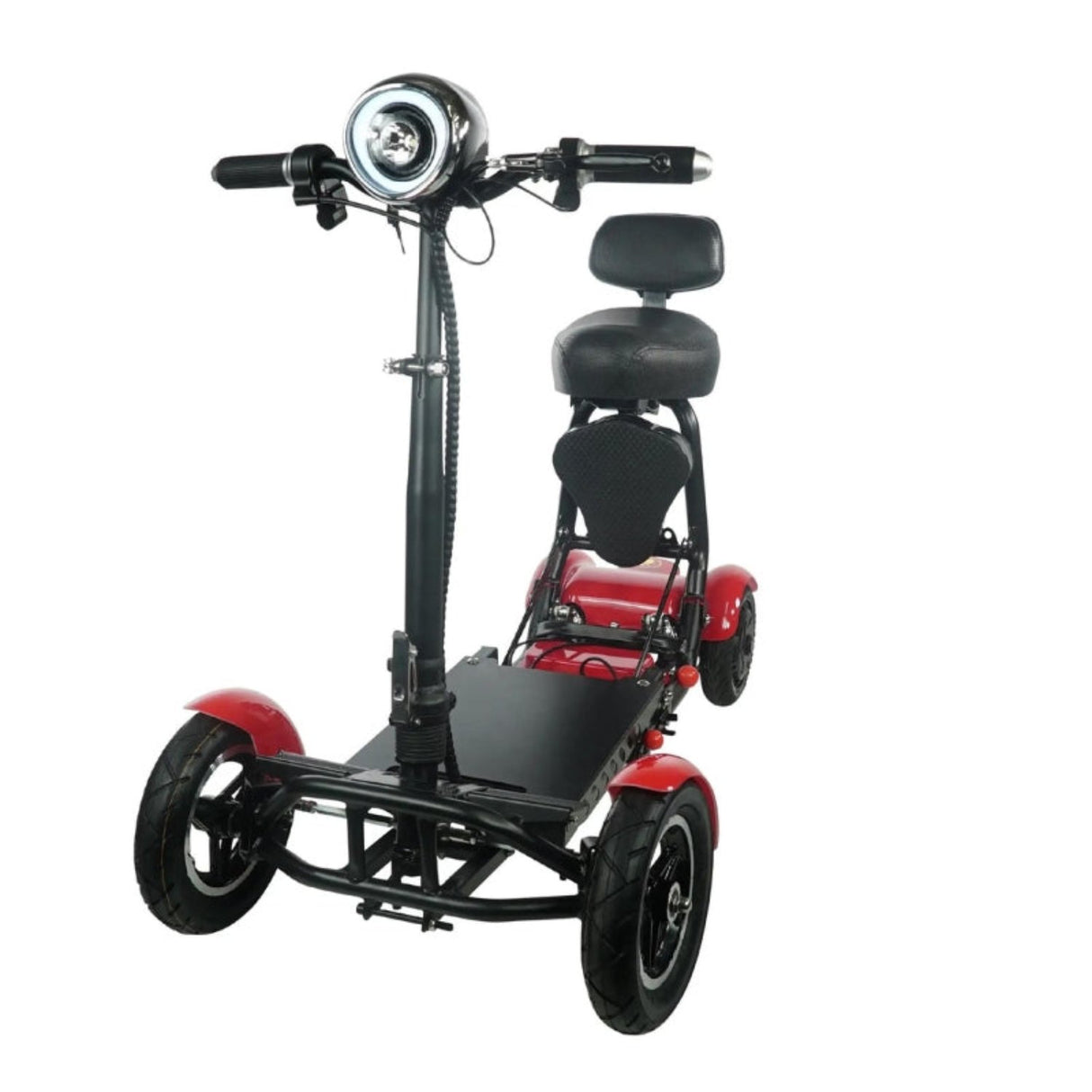 Front view of the MS-3000 Foldable Mobility Scooter, highlighting the LED headlight and sturdy handlebars for safe navigation