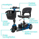 Vive Health 3-Wheel Mobility Scooter front view with padded seat and basket and list of features