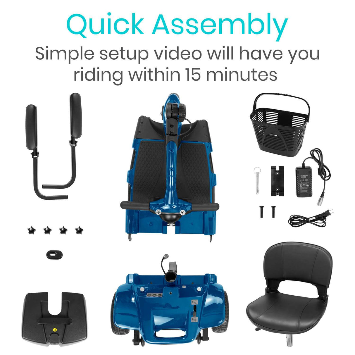 Vive Health 3-Wheel Mobility Scooter disassembled into four parts for transport
