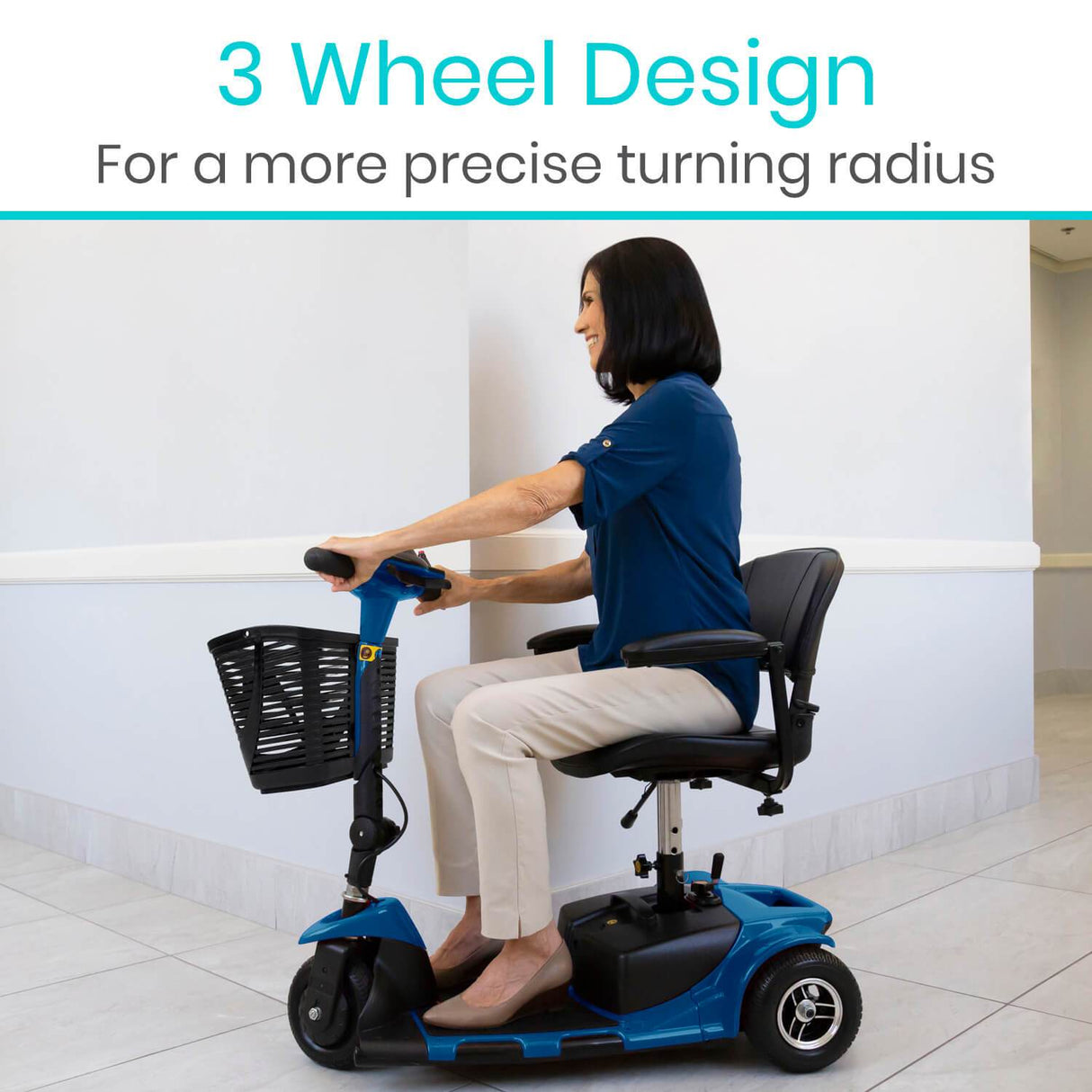 Side view of user driving Vive Health 3-Wheel Mobility Scooter on pavement