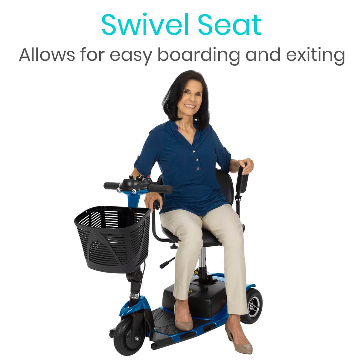 User on Vive Health 3-Wheel Mobility Scooter with arms resting on padded armrests