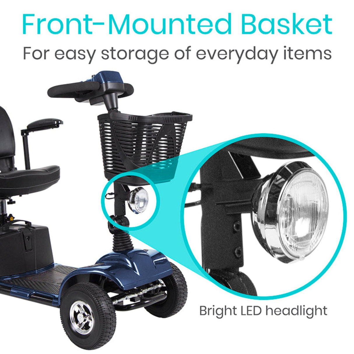 The scooter includes a convenient front-mounted storage basket, perfect for carrying everyday essentials like personal items, groceries, or small bags. The Vive Health Series A Mobility Scooter is equipped with a bright LED headlight, ensuring safe navigation in low-light conditions. 