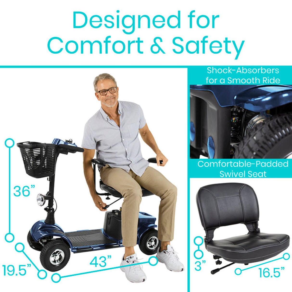 The Vive Health Series A Mobility Scooter is equipped with shock absorbers designed to provide a smoother ride over various terrains. This feature helps reduce the impact of bumps and uneven surfaces, ensuring a more comfortable experience for the user.