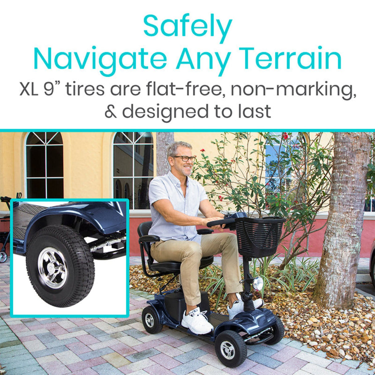 8.86-inch flat-free tires on the Vive Health Series A mobility scooter for smooth navigation