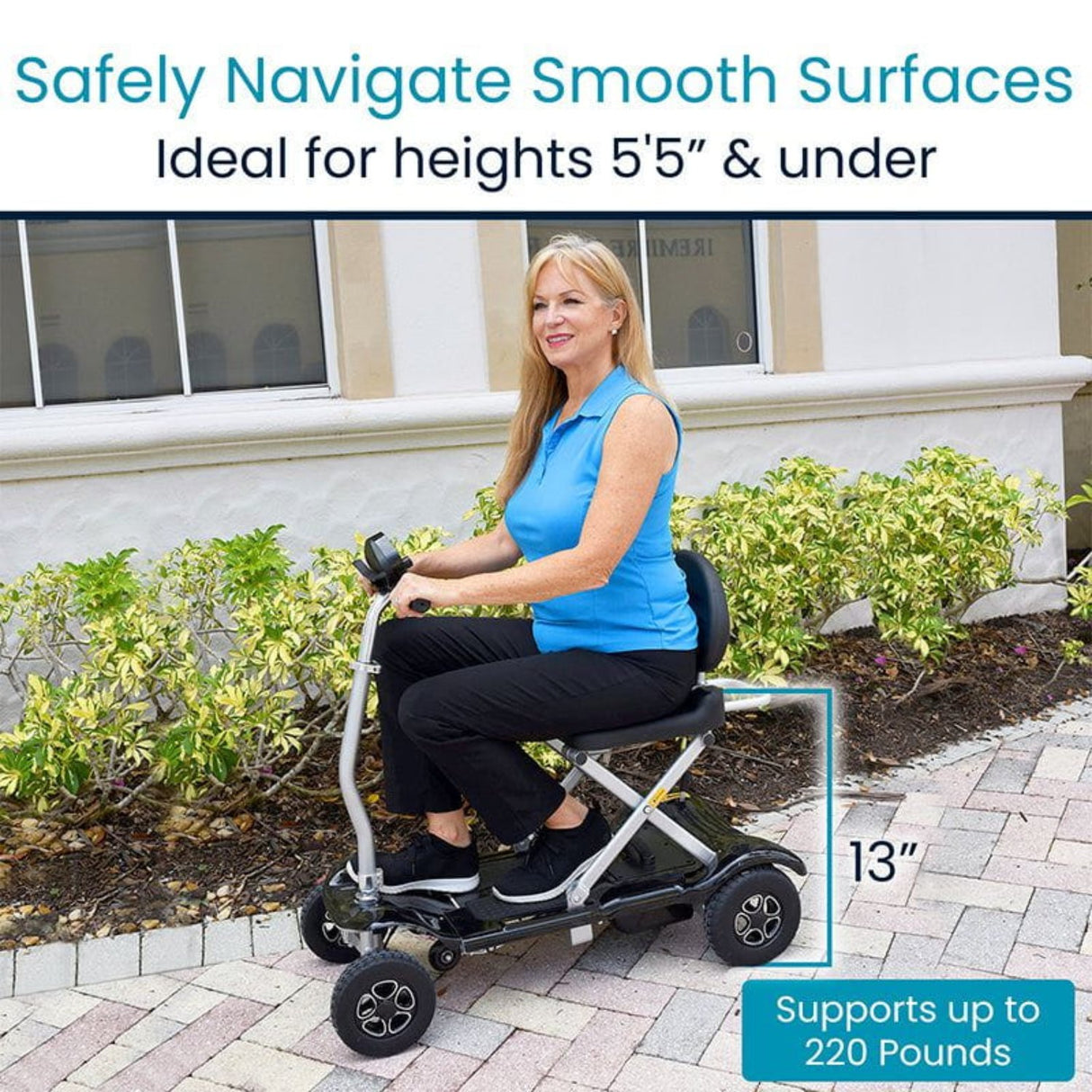 The Vive Health Folding Mobility Scooter is designed for easy maneuverability, allowing users to navigate a variety of surfaces smoothly. With its four flat-free tires, it handles indoor flooring like tile and carpet as well as outdoor pathways with eas