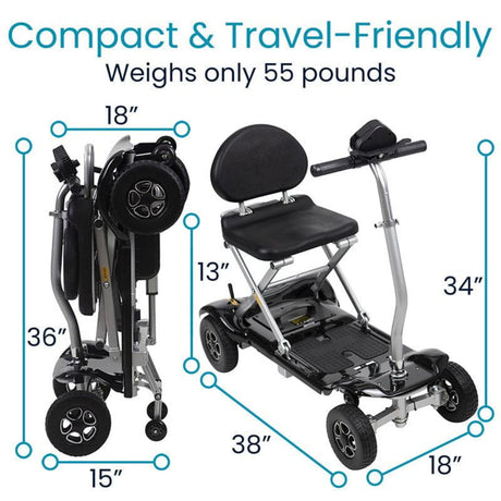 The Vive folding mobility scooter is lightweight and compact, easily fitting into standard trunk sizes. It automatically folds with a convenient remote control, transforming into a wheeled suitcase for easy transport and upright storage