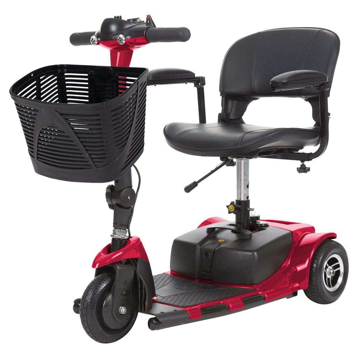 Vive Health 3-Wheel Mobility Scooter, red, front view with padded seat and basket