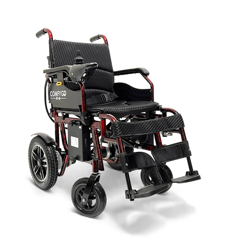 Side view of the ComfyGO X-6 Electric Wheelchair highlighting the lightweight frame, anti-tip bars, and foldable structure.