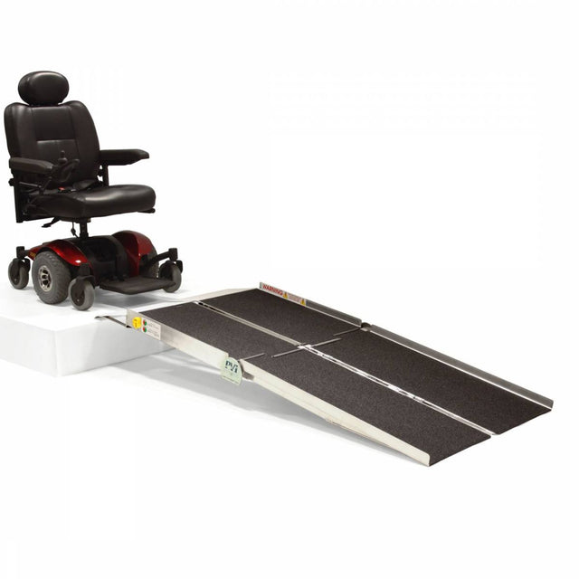 PVI Multifold Reach ramp tested with a heavy scooter, illustrating its 3X safety factor for added durability.